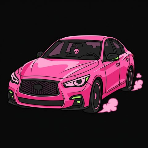 Cartoon of a hot-pink Infiniti Q50 sedan with a skull air freshener